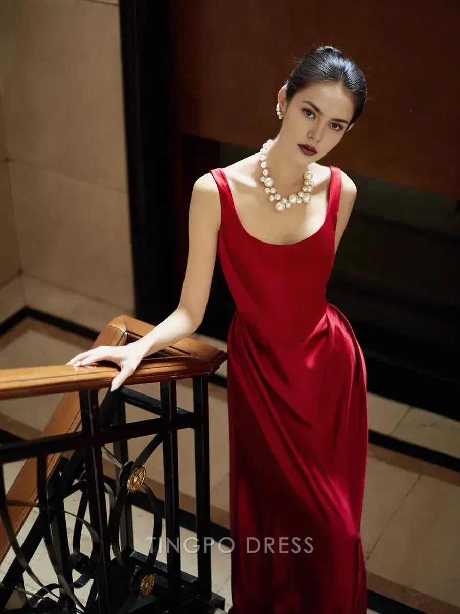 Elegant Square Neck Satin Maxi Dress with Draped Detail and Side Slit Prom Dress